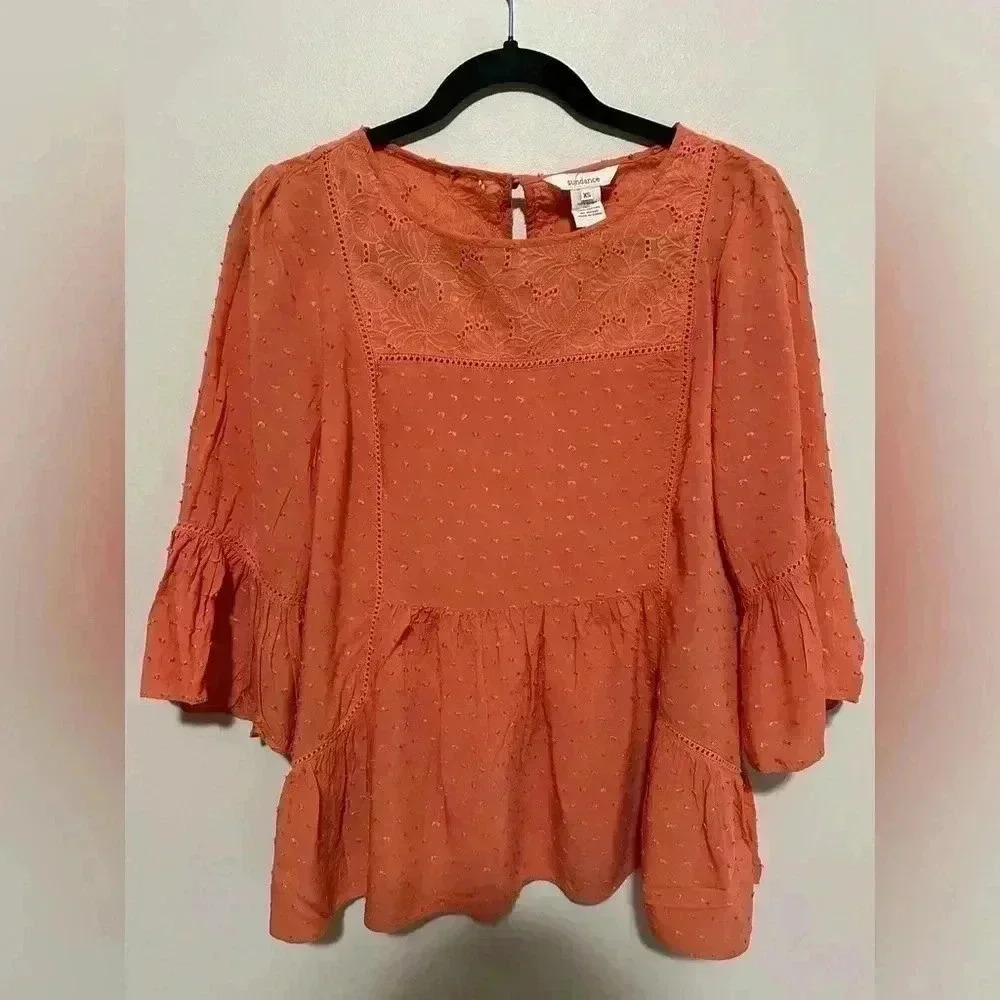 Sundance Susannah Blouse Size XS Orange/Coral Ruffle Swiss Dot Eyelet